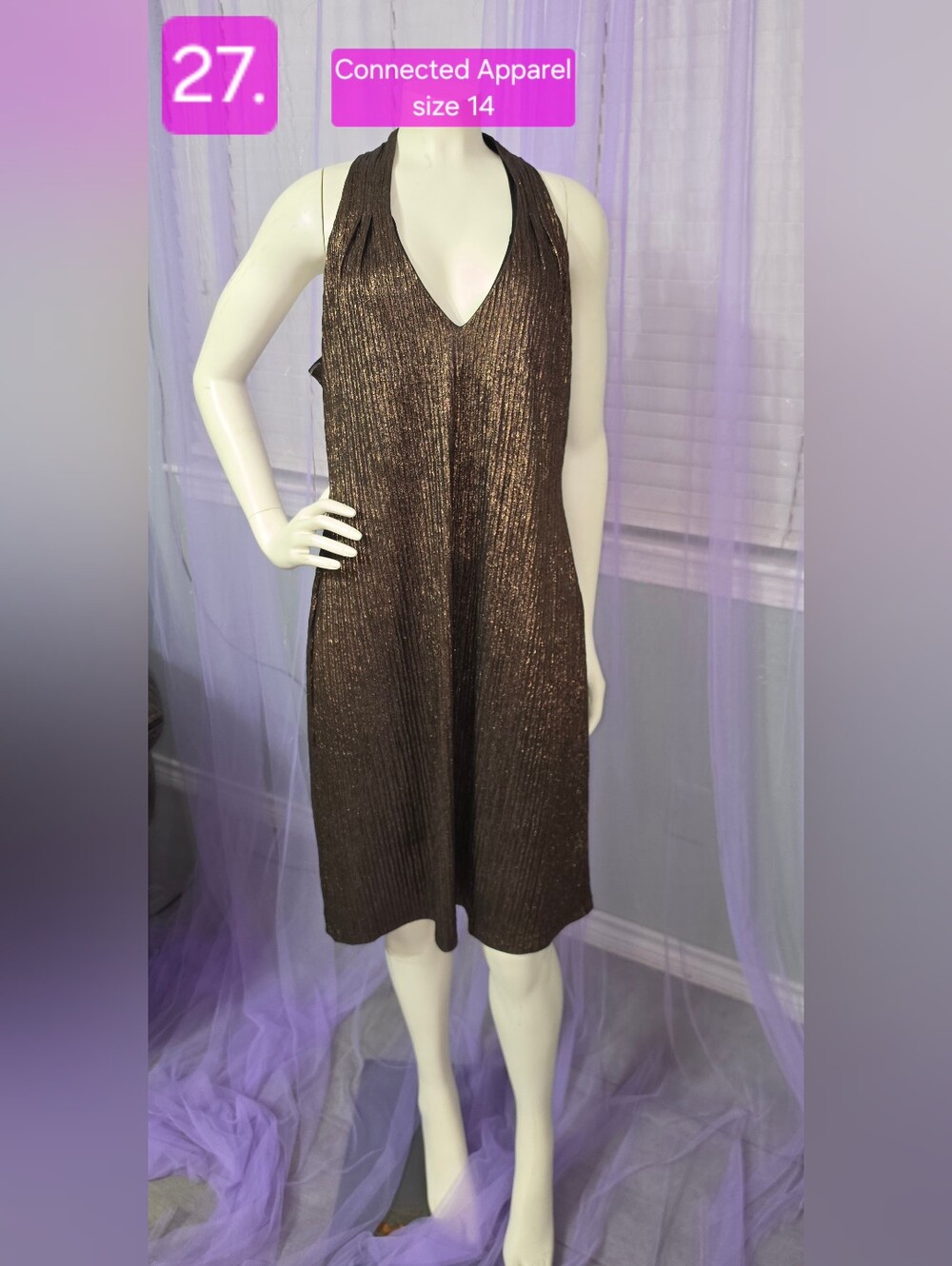 connected apparel Metallic Brown Halter Midi Dress